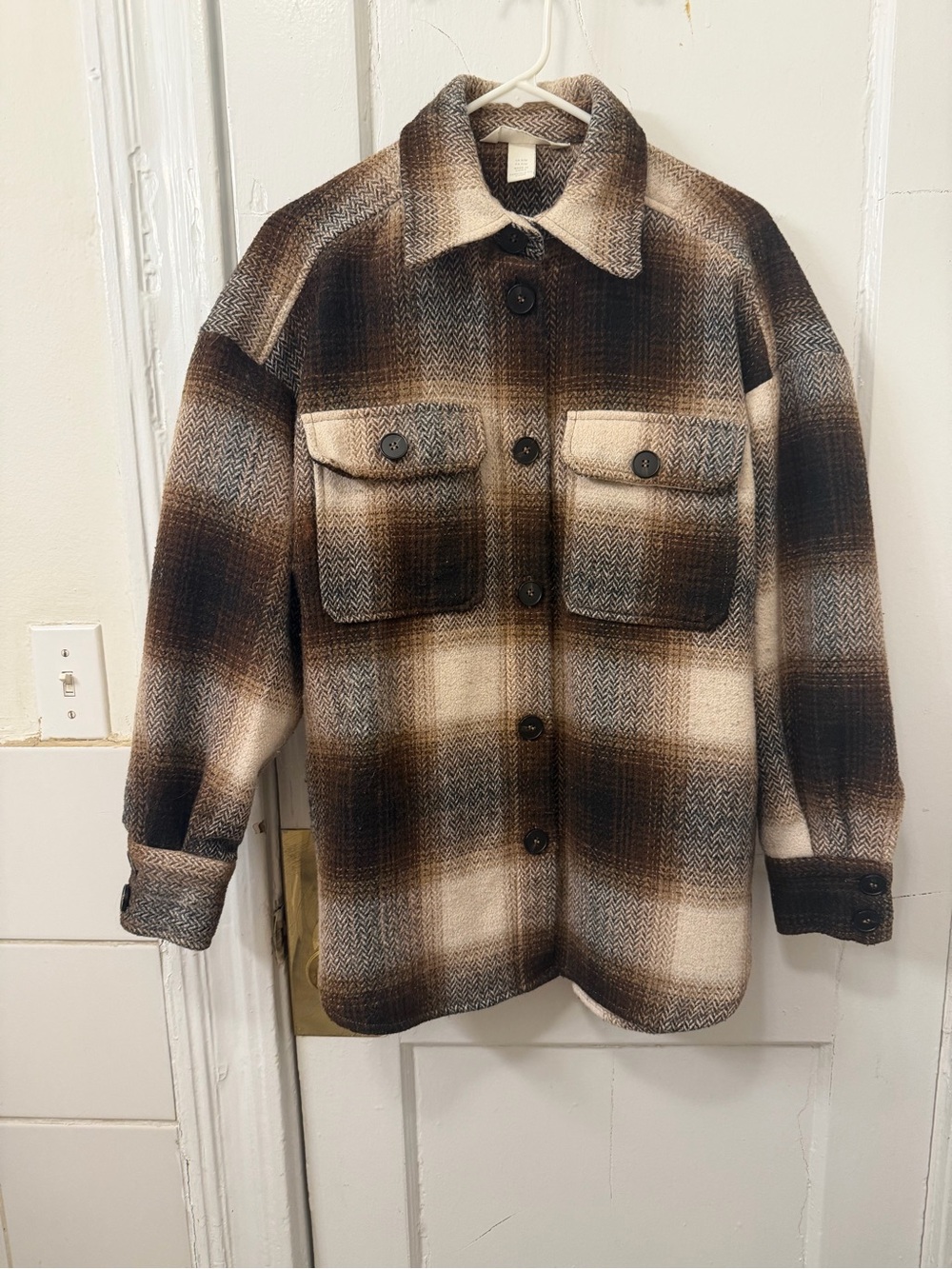 H&M Brown and Cream Plaid Lightweight Shacket